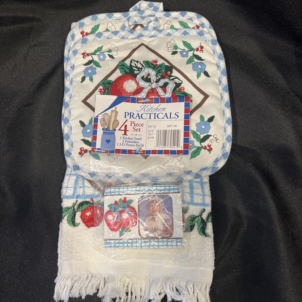 Vintage 4pc Cottage Core Blue Floral Apples & Bows Kitchen Towel Potholder Frame